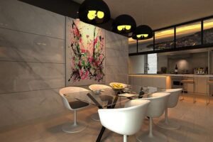 Fluorescent abstract painting Explomium by John Beckley kitchen view