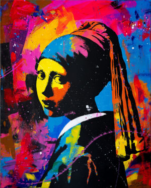 Peinture Pop Art et Street Art par l’artiste John Beckley – réinterprétation moderne de La Jeune Fille à la perle, œuvre originale colorée sur toile.